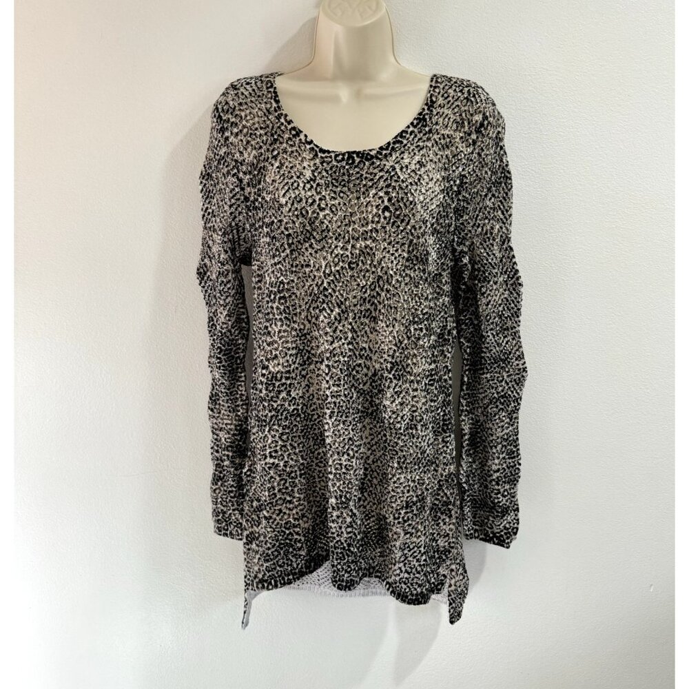 Chico's Sweater Tunic Size 1 / M Leopard Crochet Open Knit Black Brown Beach